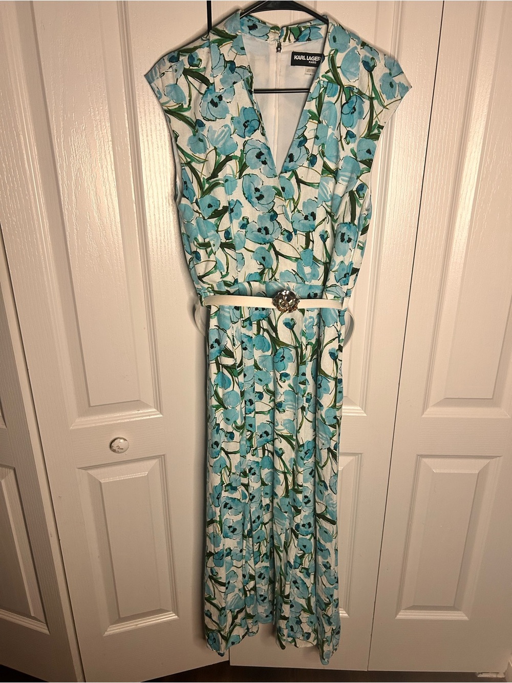 Karl Lagerfeld Women’s Size 8 Blue Floral Linen Cap-Sleeve Midi Belted Dress